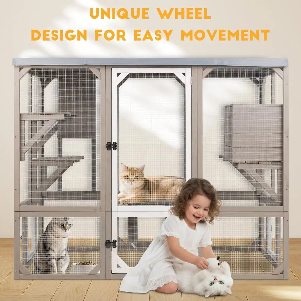 Outdoor Cat Catio Enclosure With Multiple Platforms And Resting Boxes