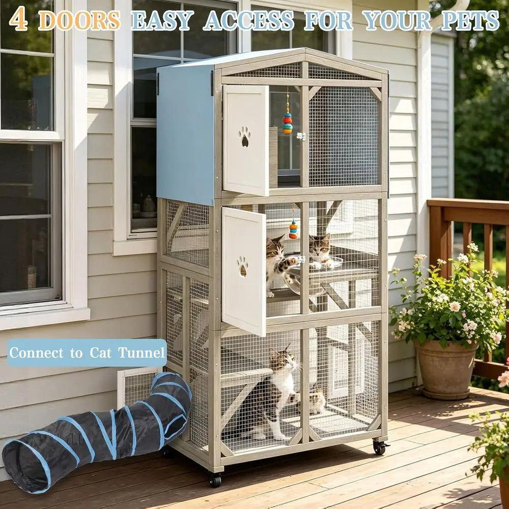 Outdoor Cat Catio With Wheels 3 Platforms Weatherproof Lockable