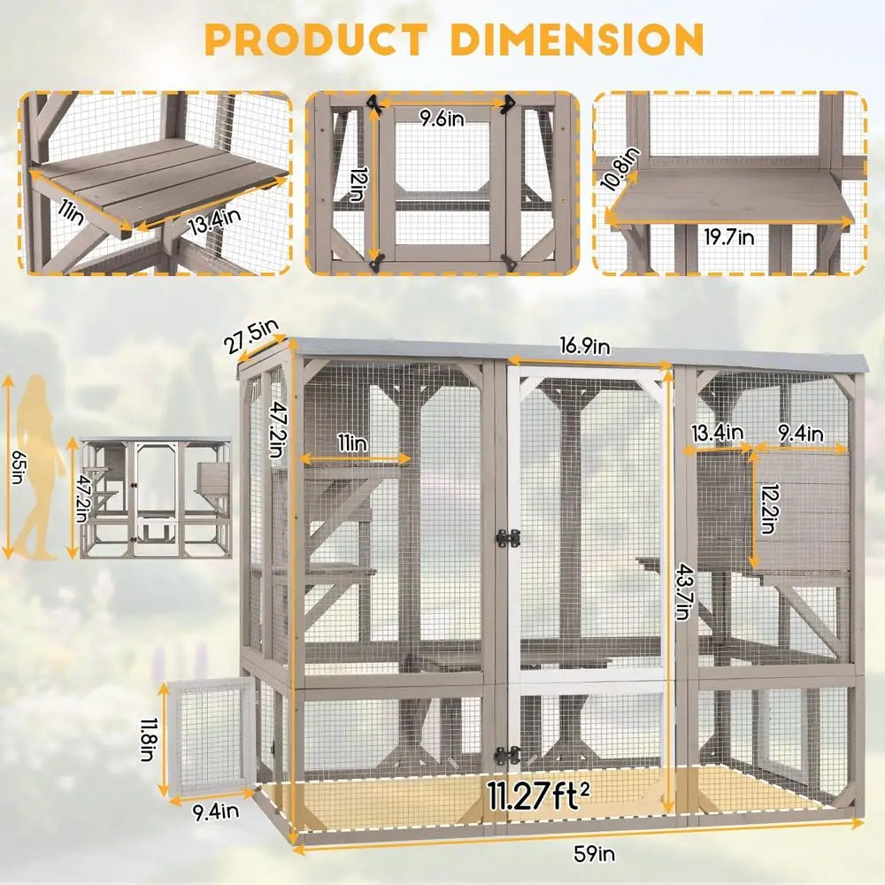 Outdoor Cat Catio Enclosure With Multiple Platforms And Resting Boxes