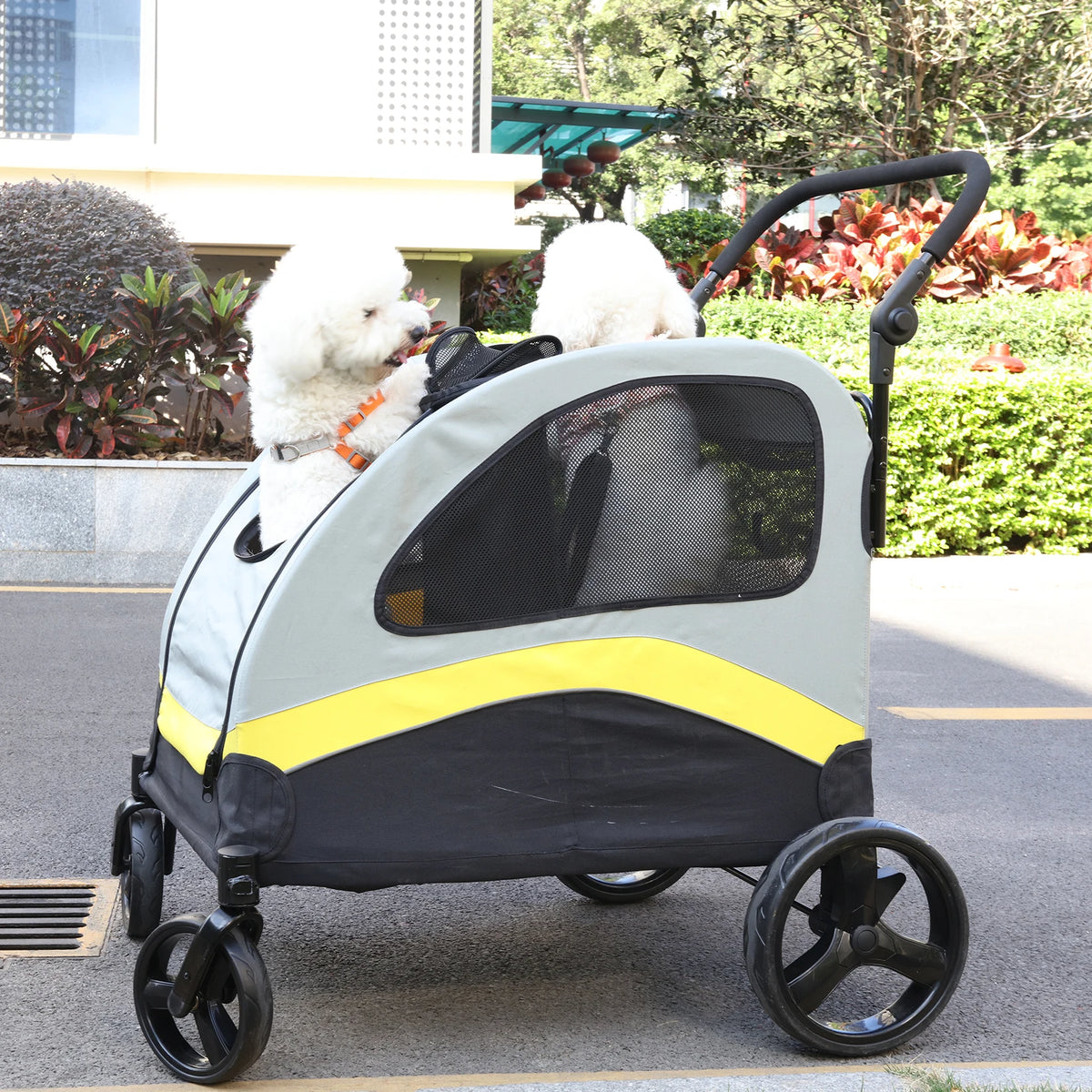 Folding Double Dog Stroller With Zipper Divider And Wheels