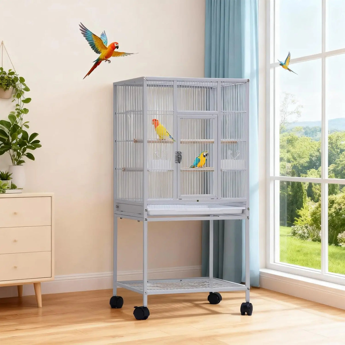 Studyset Large Bird Cage With Rolling Stand Wrought Iron Construction