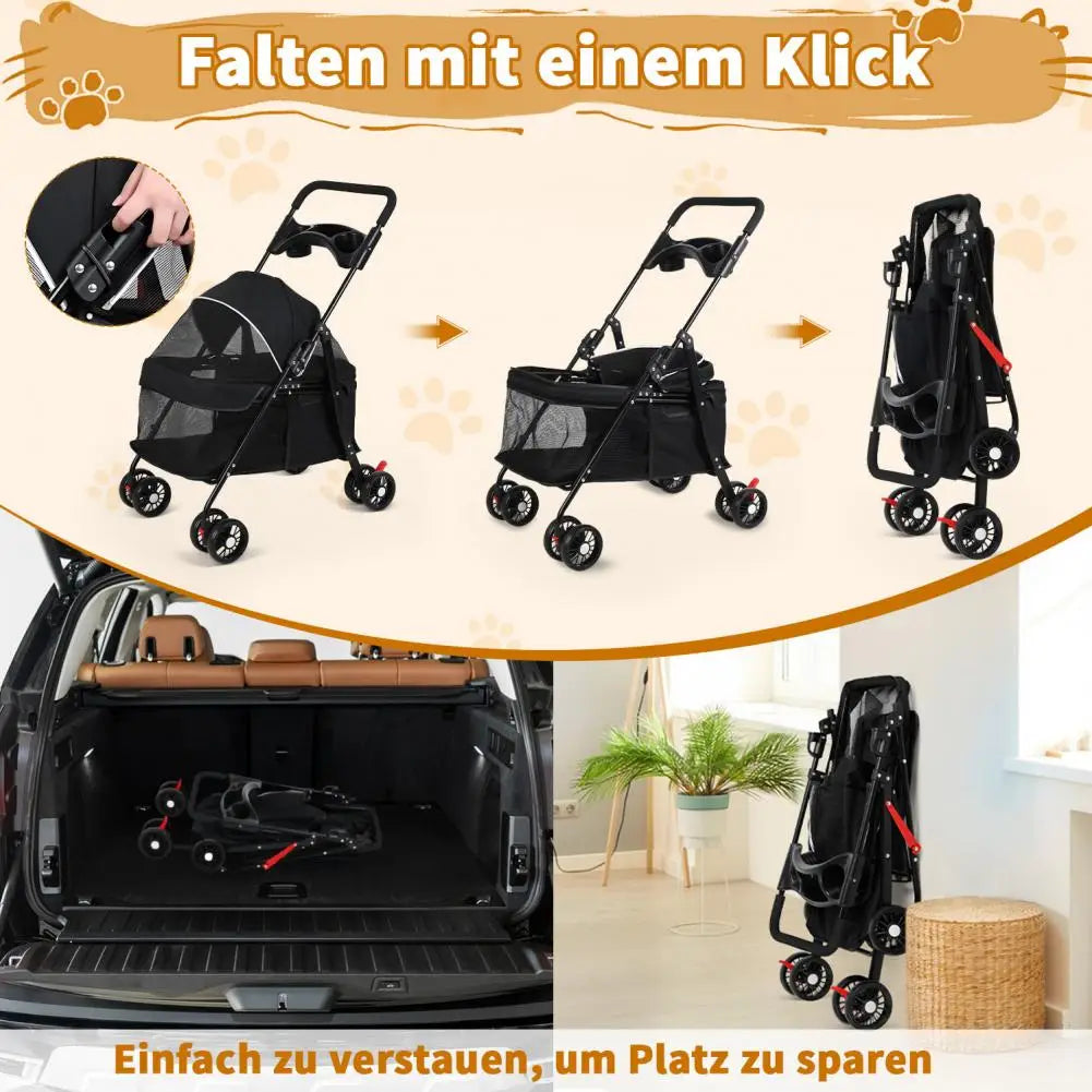 Foldable Pet Stroller With Breathable Mesh Cage And Cup Holder