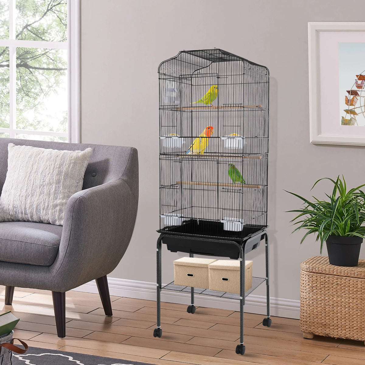 Spacious Iron Bird Cage With Wheels For Cockatiels And Finches