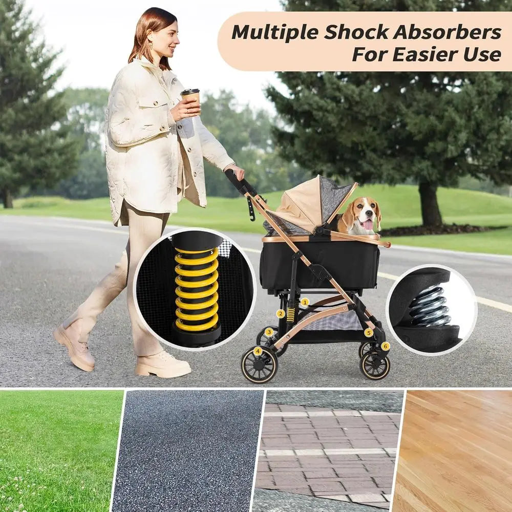 Pet Stroller With Shock Absorbers Removable Cabin And Dual Brakes