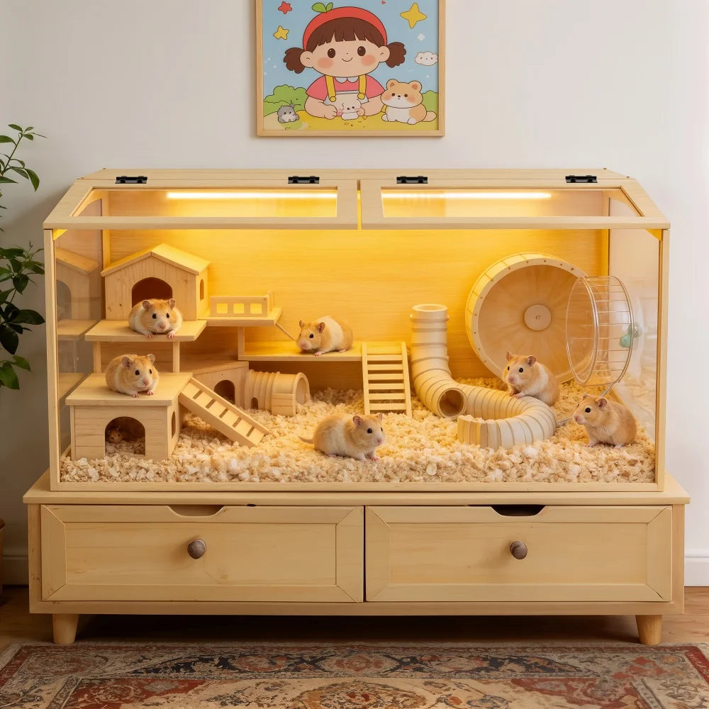 Wooden Hamster Cage Featuring Tempered Glass And LED Lighting