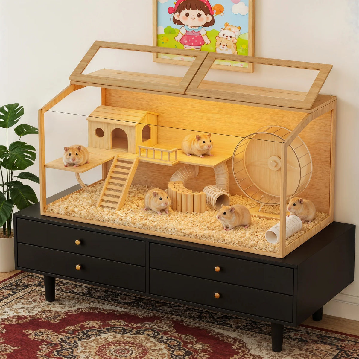 Wooden Hamster Habitat Cabinet With Dual Access Doors And Light