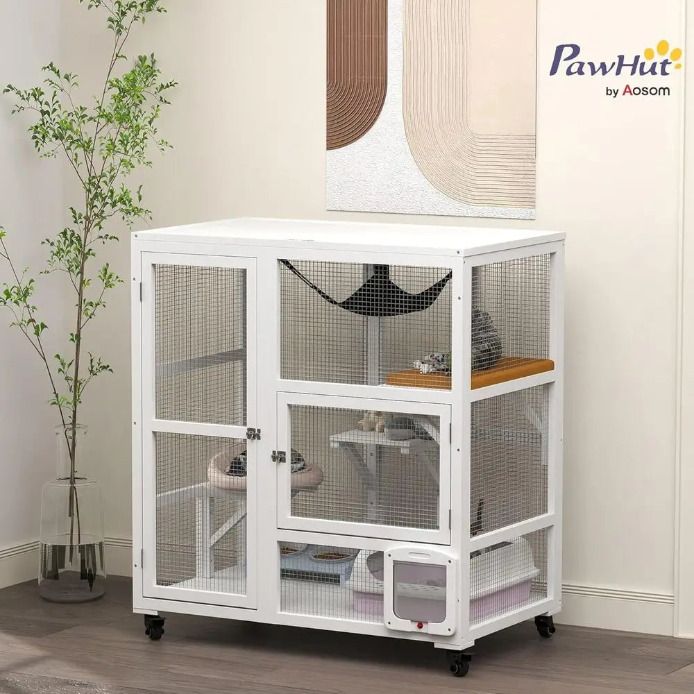 Indoor Cat Catio Enclosure On Wheels With Three Tier Platforms