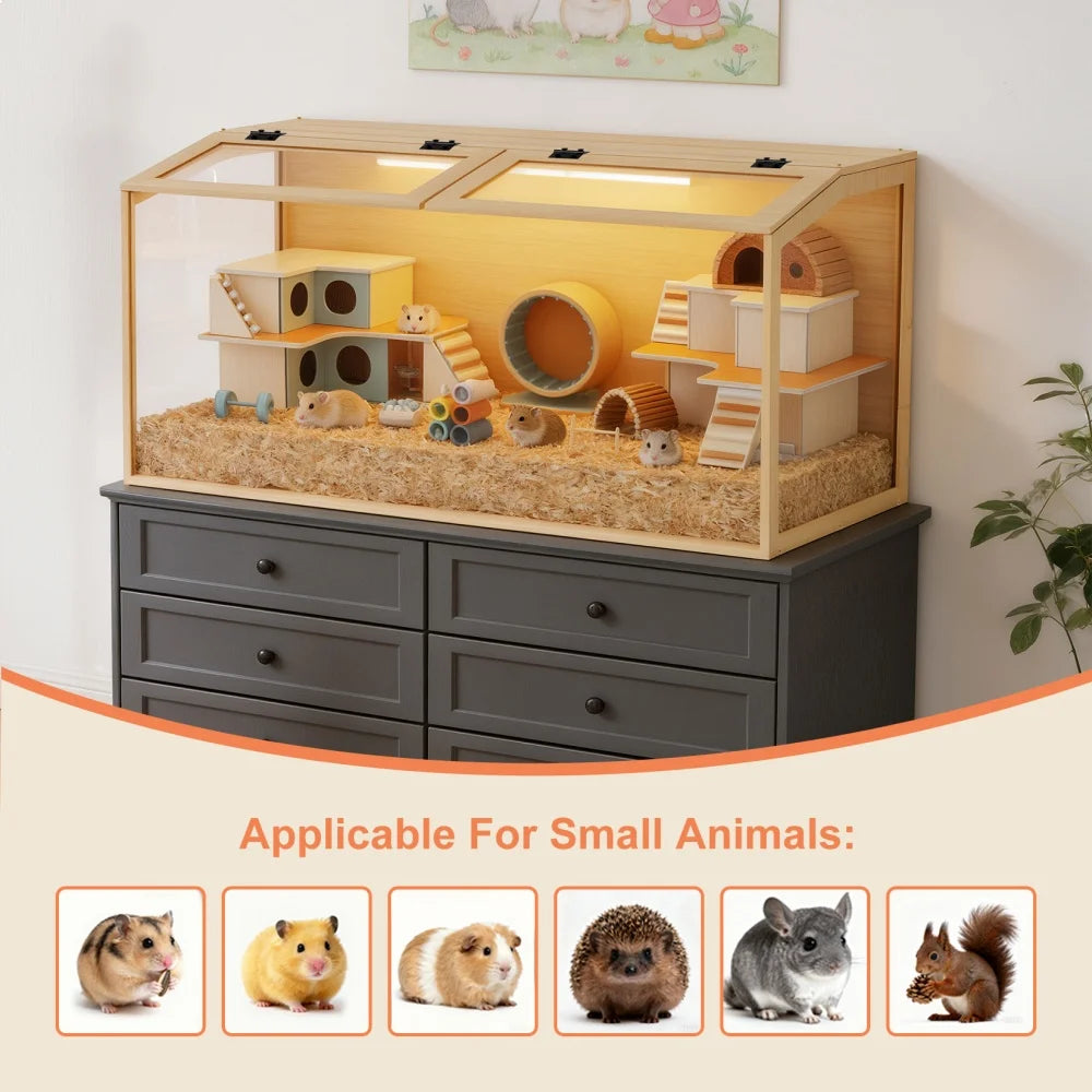 Tempered Glass Wooden Hamster Cage With Led Light And Roof