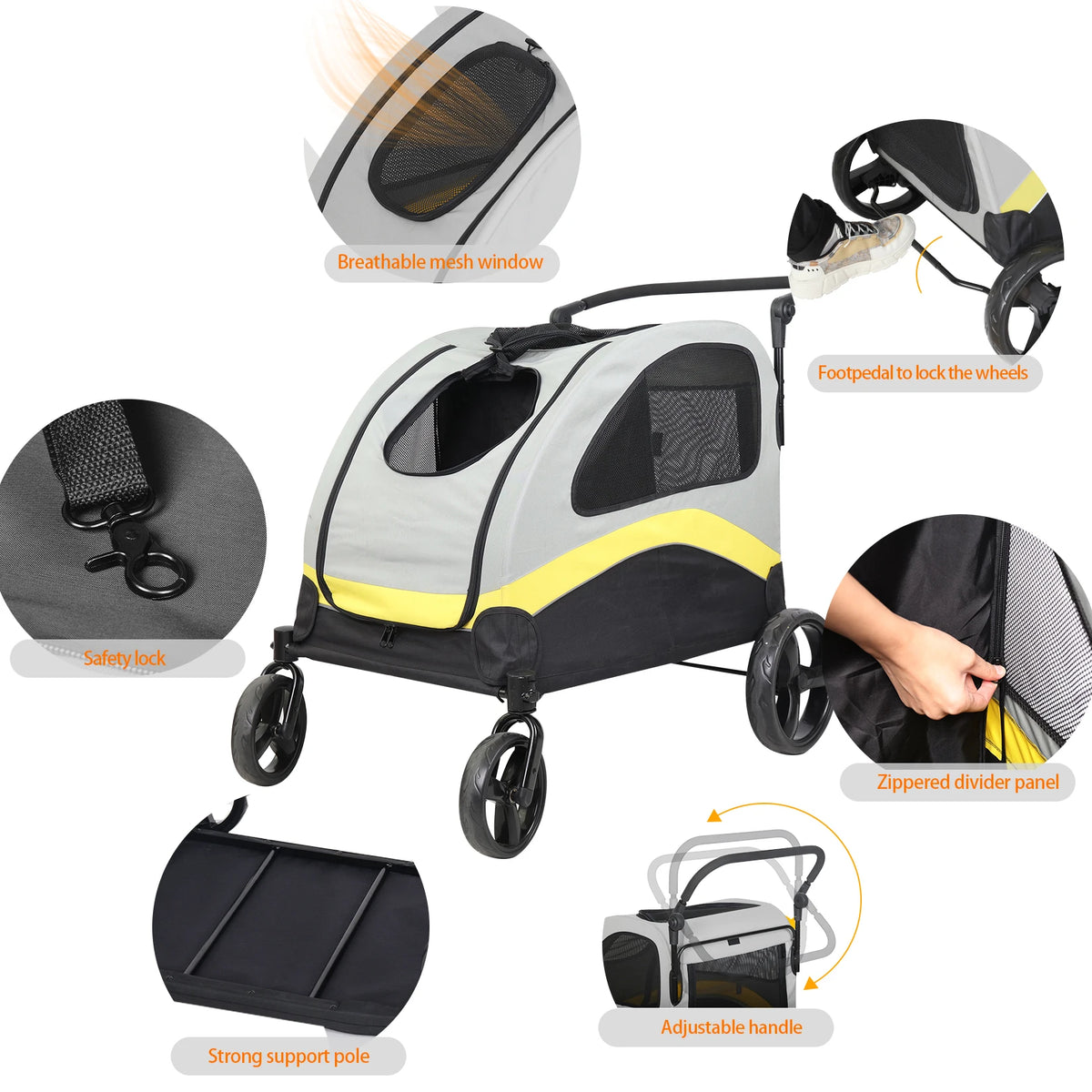 Folding Double Dog Stroller With Zipper Divider And Wheels