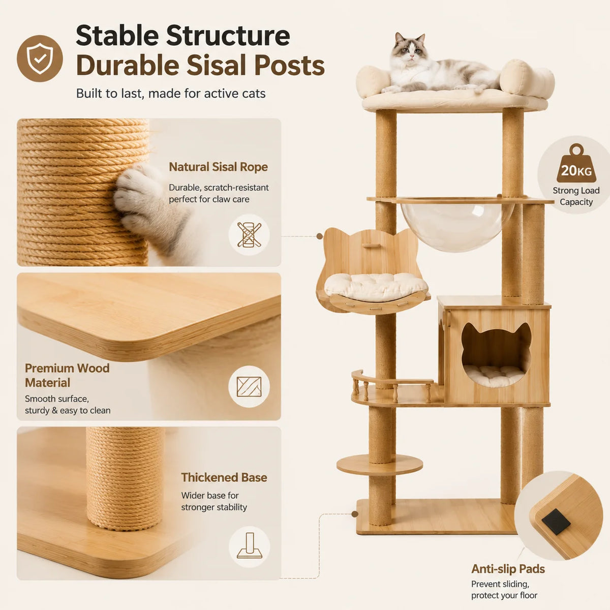 Five Tier Wooden Cat Tree With Hammock And Transparent Capsule