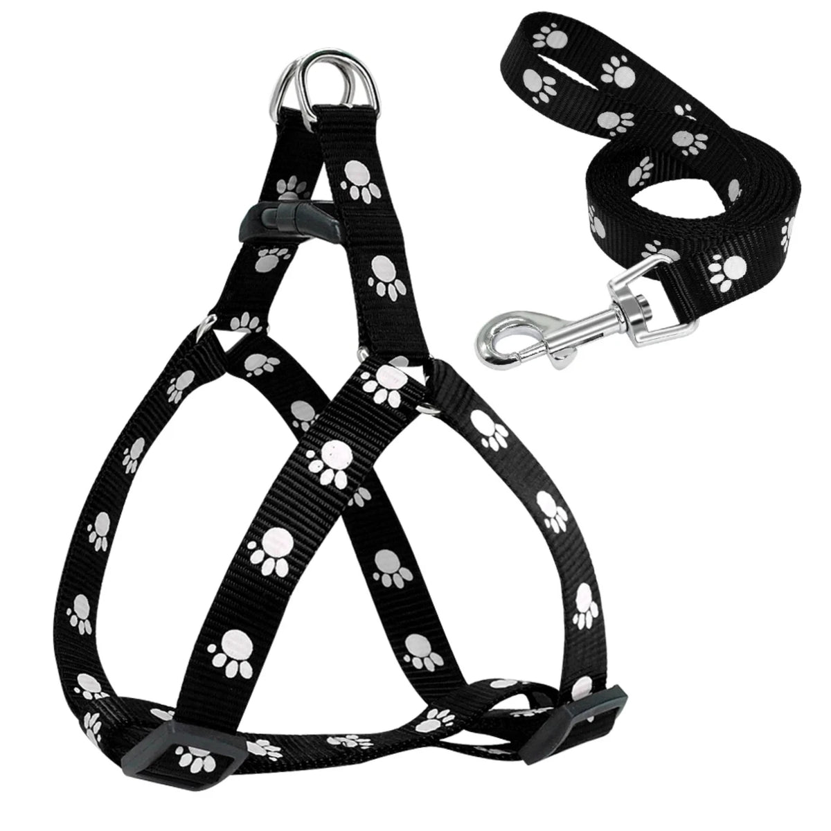 Adjustable Paw Print Nylon Dog Harness and Leash Set