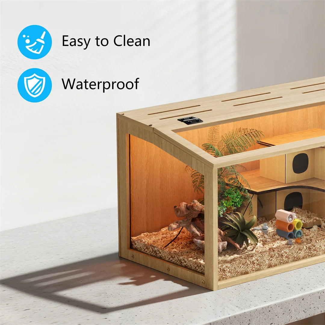 Wooden Hamster Cage with Glass Panels Ventilation and LED Lighting