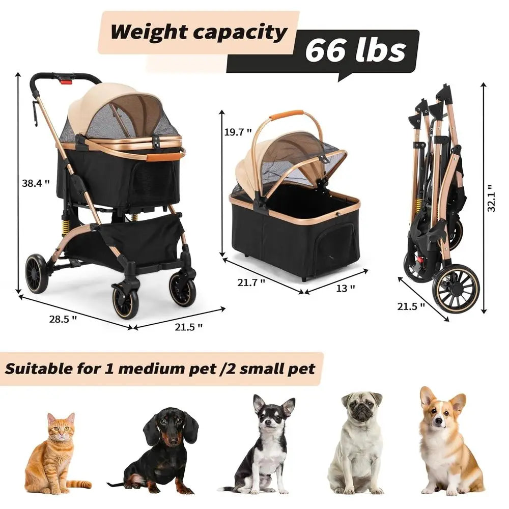Pet Stroller With Shock Absorbers Removable Cabin And Dual Brakes