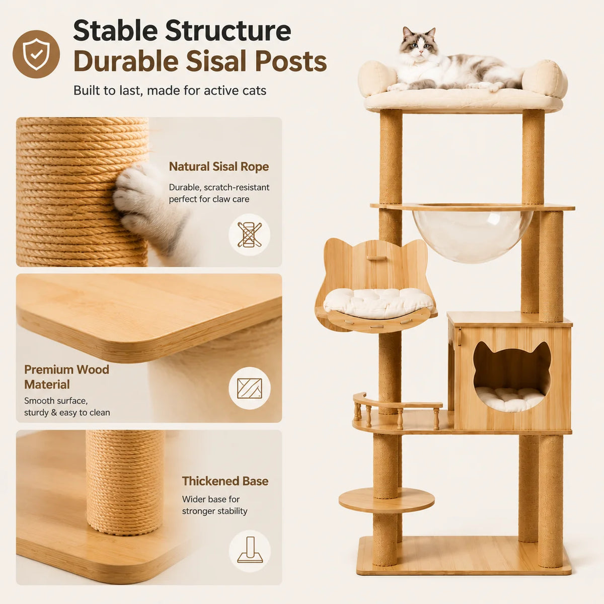 Five Tier Wooden Cat Tree With Hammock And Transparent Capsule