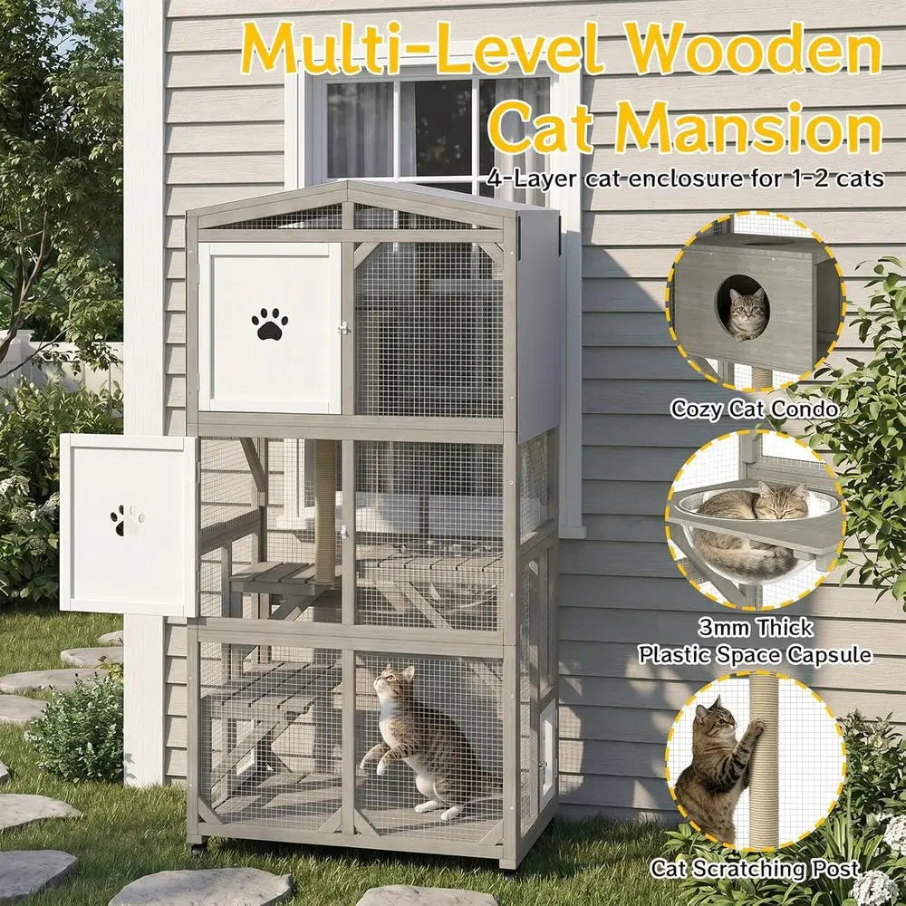 Outdoor Wooden Cat Enclosure with Acrylic Windows and Weatherproof Roof