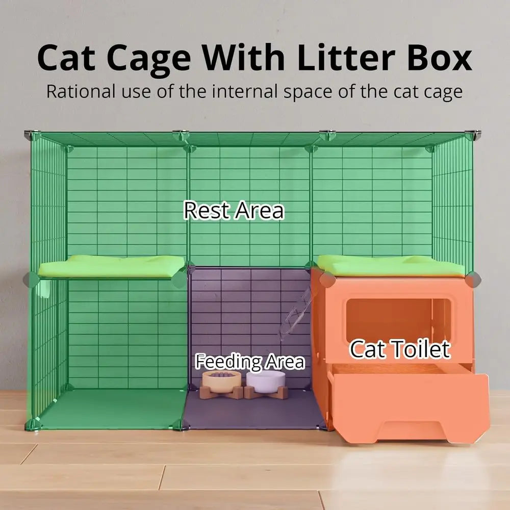 Two Tier Detachable Metal Cat Playpen With Separate Litter Tray