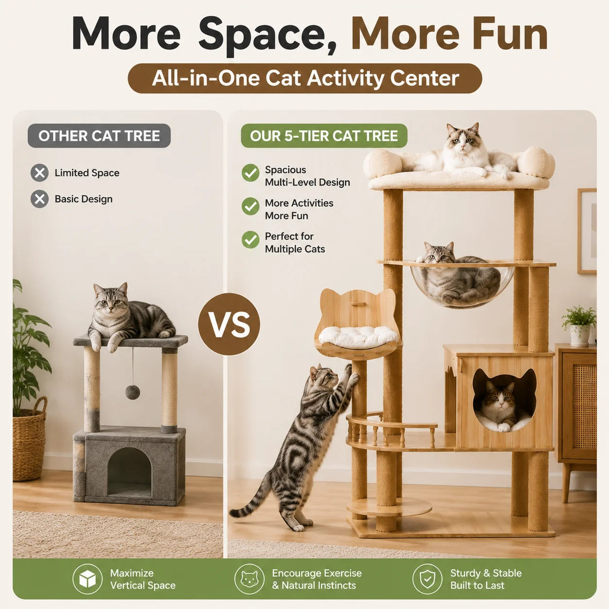 Five Tier Wooden Cat Tree With Hammock And Transparent Capsule