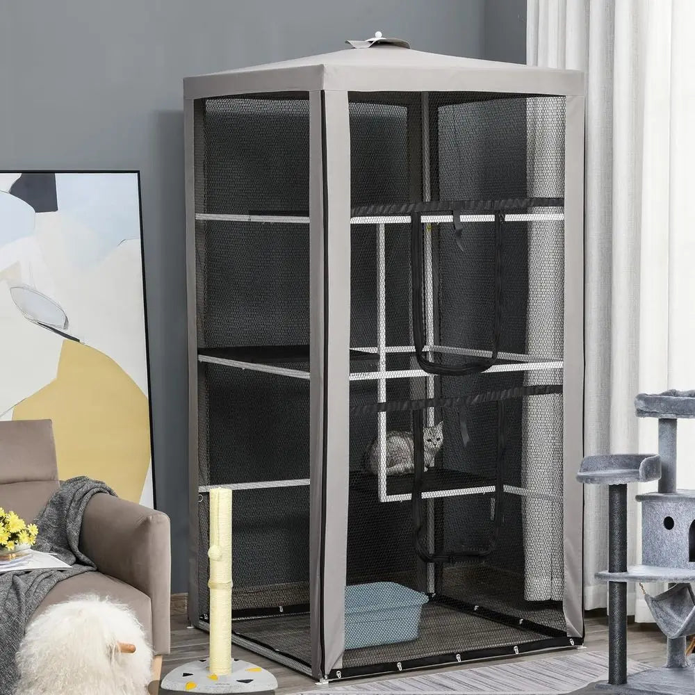 Indoor Outdoor Cat Mesh Enclosure Playpen With Platforms