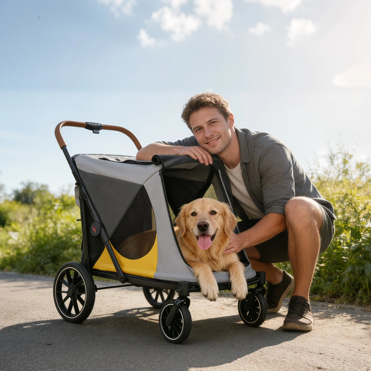 Four Wheel Folding Dog Stroller And Jogger Cart With Storage Pockets