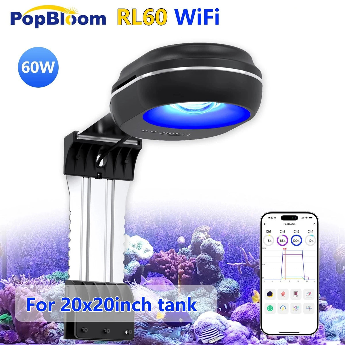 PopBloom WiFi Reef LED Aquarium Light for Marine Coral Tanks