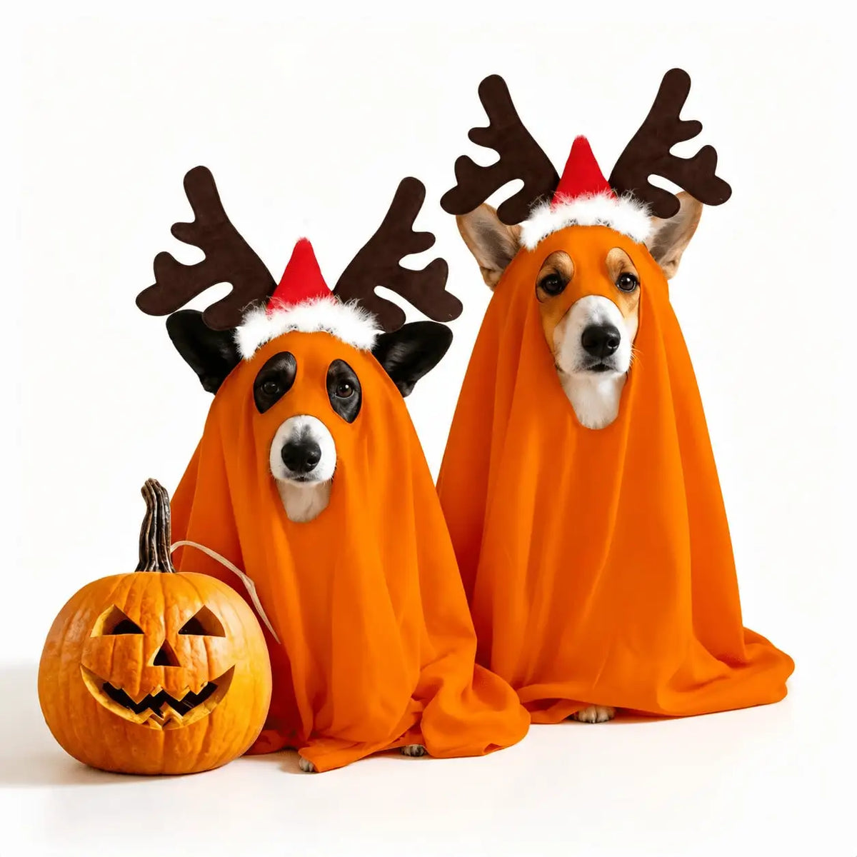 Halloween Ghost Pet Cape And Reindeer Antlers Headband Set