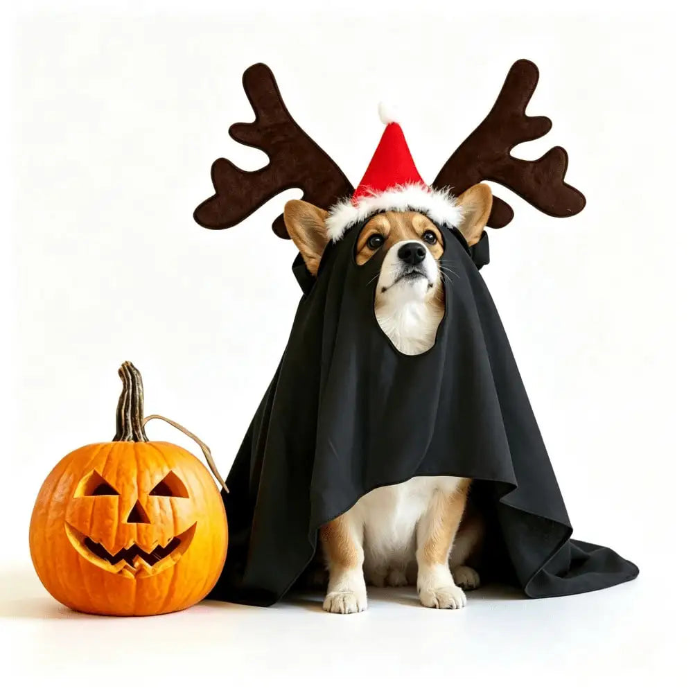 Halloween Ghost Pet Cape And Reindeer Antlers Headband Set