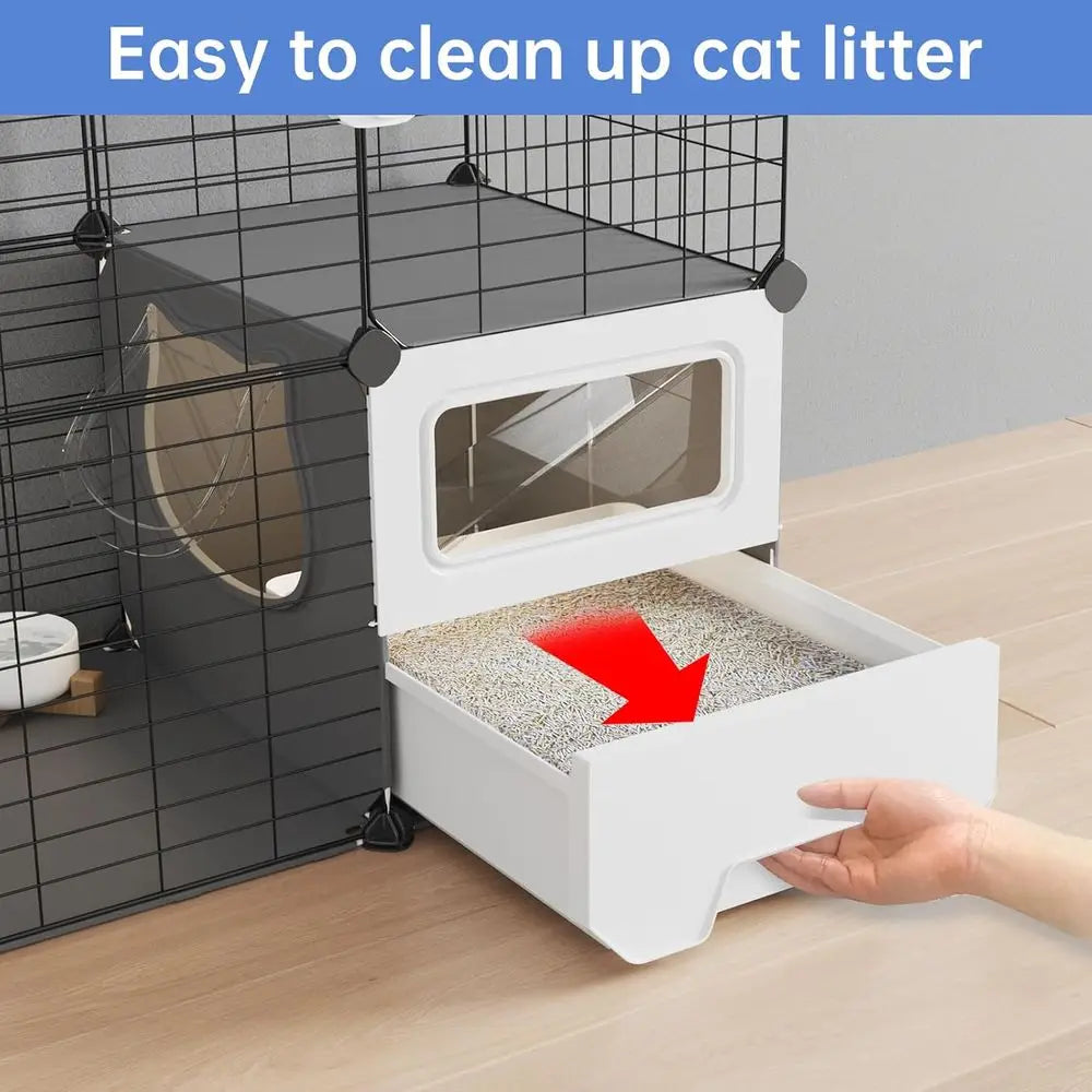 Two Tier Detachable Metal Cat Playpen With Separate Litter Tray