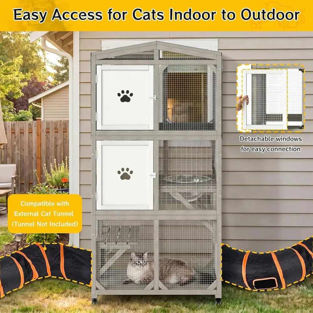 Outdoor Wooden Cat Enclosure with Acrylic Windows and Weatherproof Roof