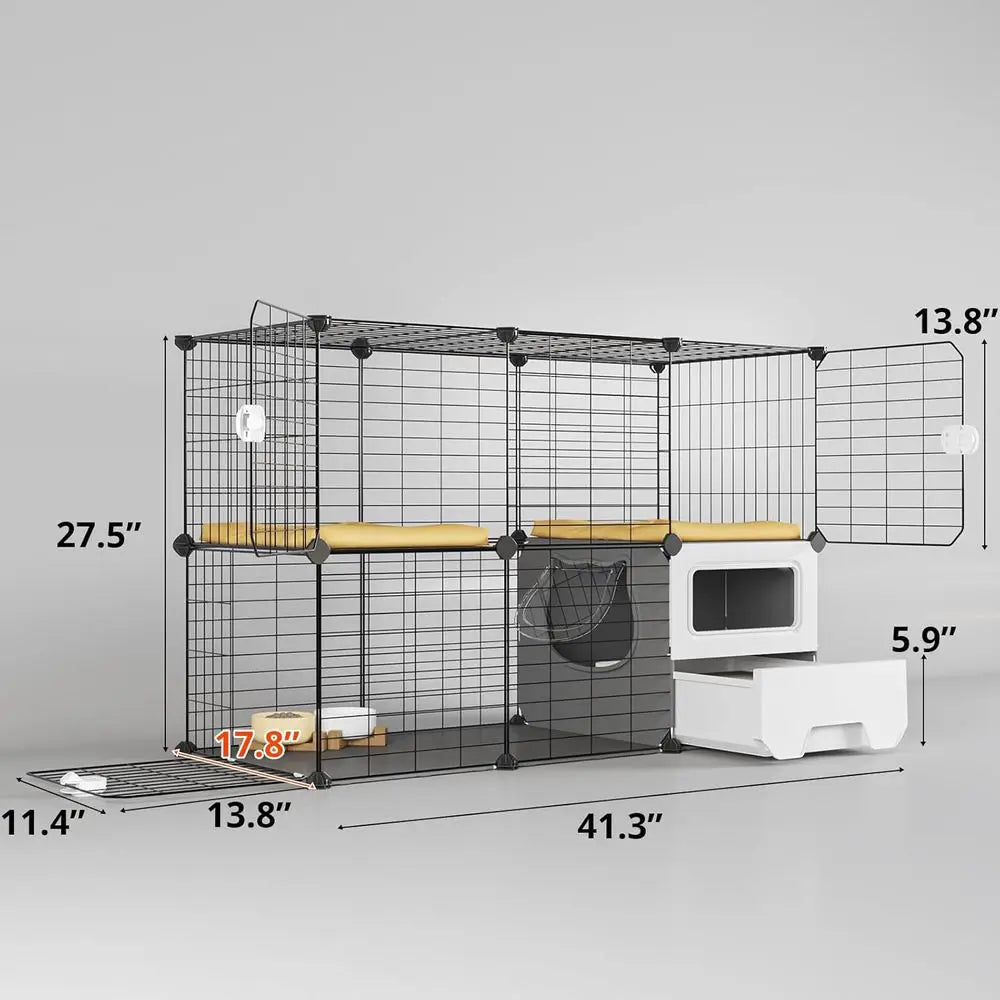 Two Tier Detachable Metal Cat Playpen With Separate Litter Tray