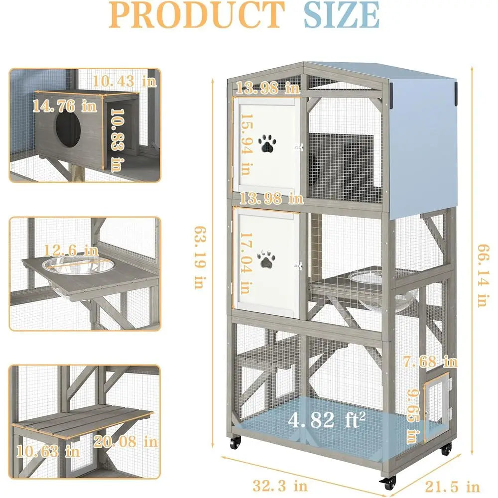 Outdoor Cat Catio With Wheels 3 Platforms Weatherproof Lockable