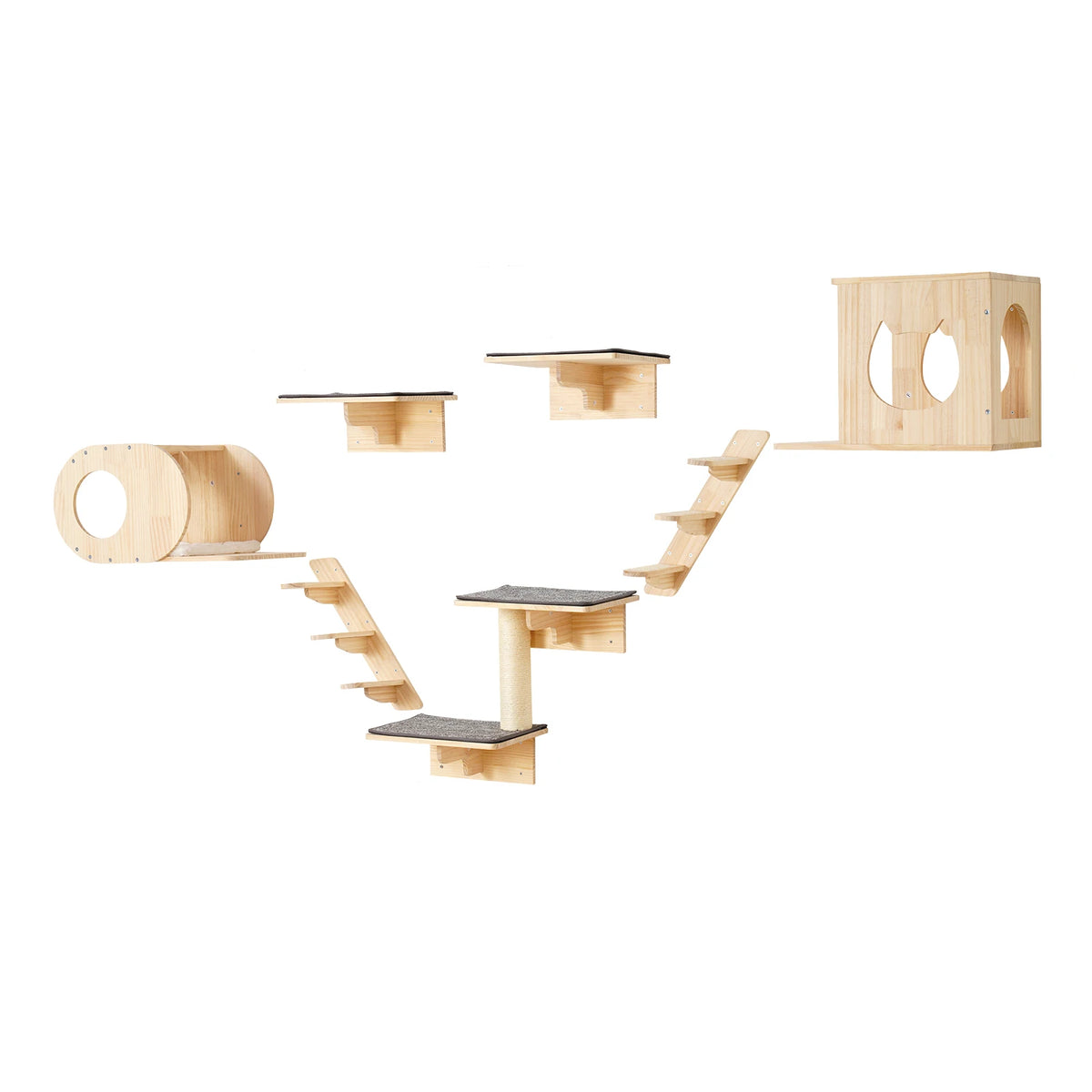 Double Tier Wall Mounted Pine Wood Cat Shelves With Hammock