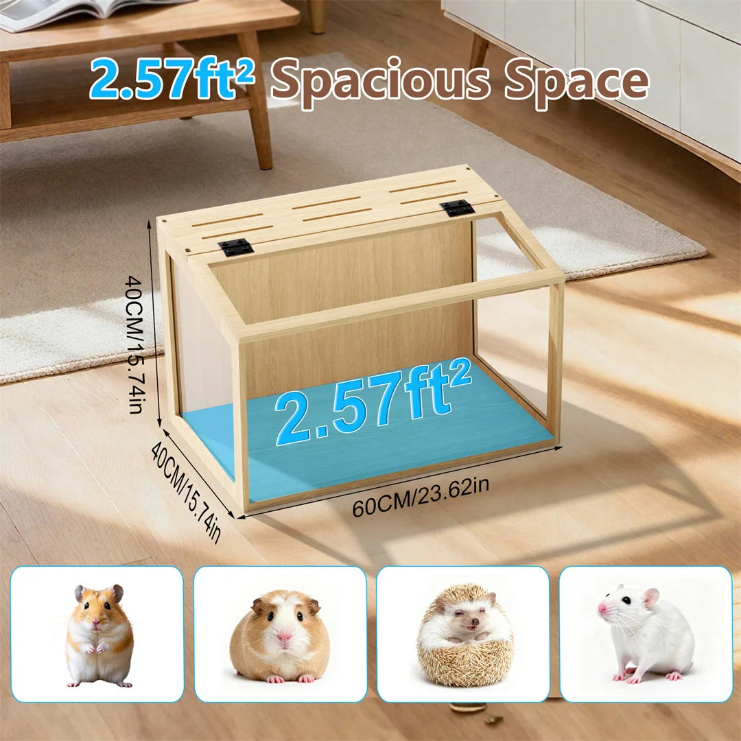 Wooden Hamster Cage with Glass Panels Ventilation and LED Lighting