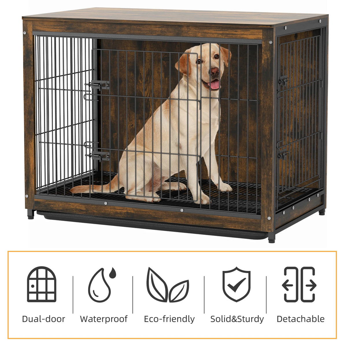 BINGOPAW Wooden Dog Crate Furniture With Double Doors And Removable Tray