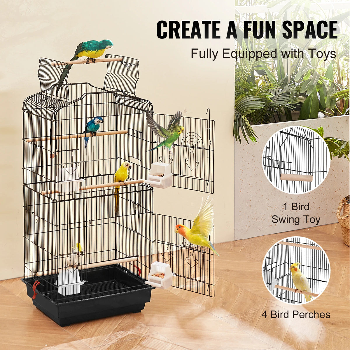 SucceBuy Hanging Bird Cage With Open Top Swing And Perch