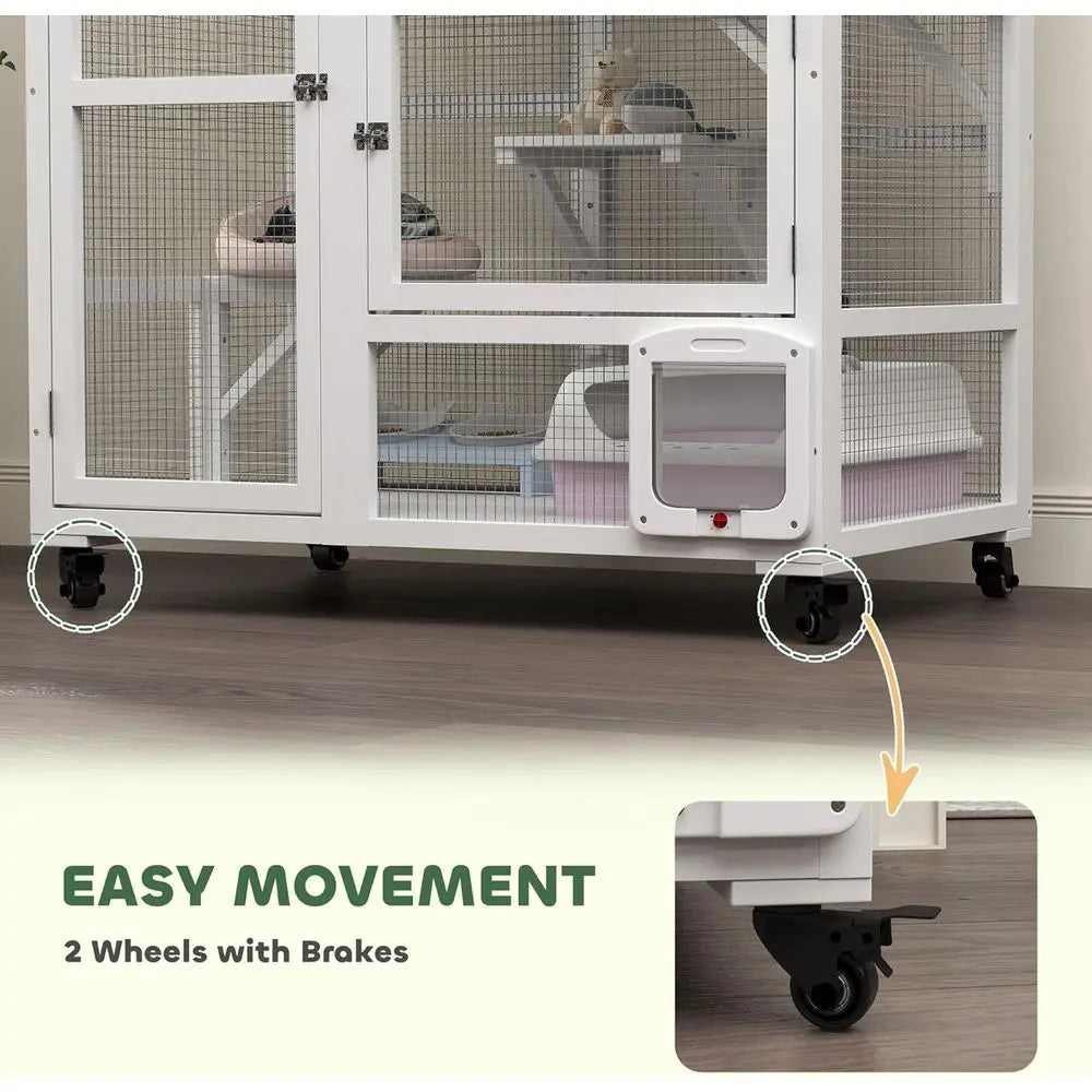 Indoor Cat Catio Enclosure On Wheels With Three Tier Platforms