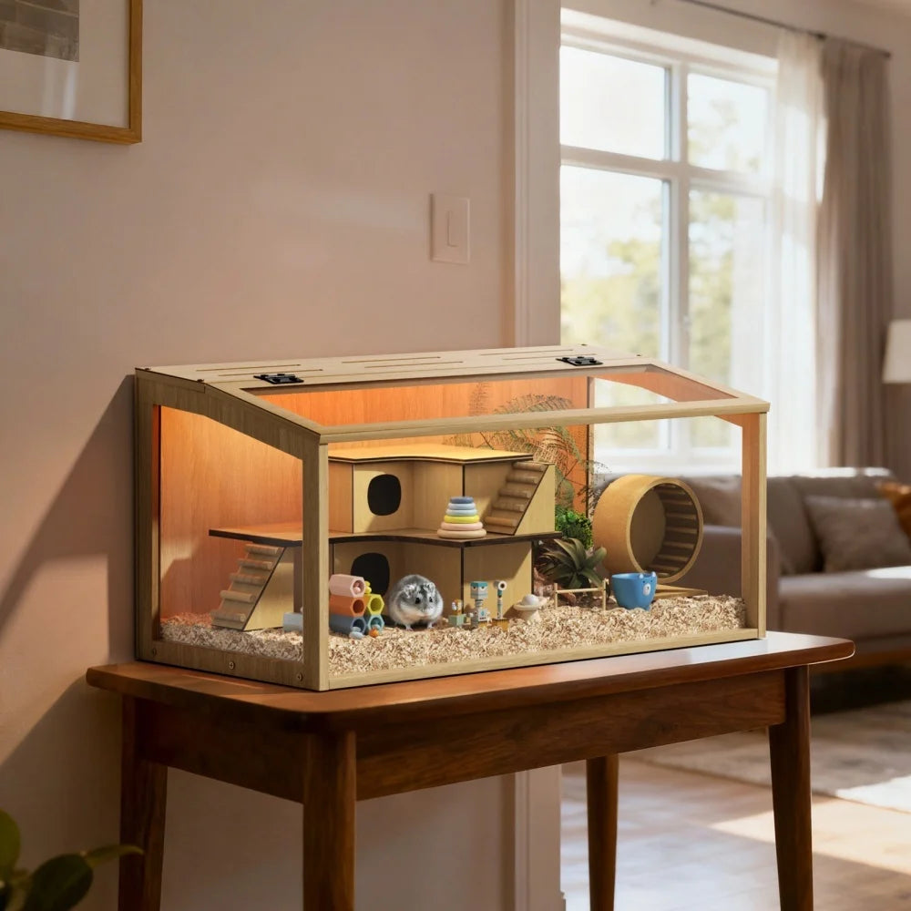 Tempered Glass Wooden Hamster Cage With Led Light And Roof
