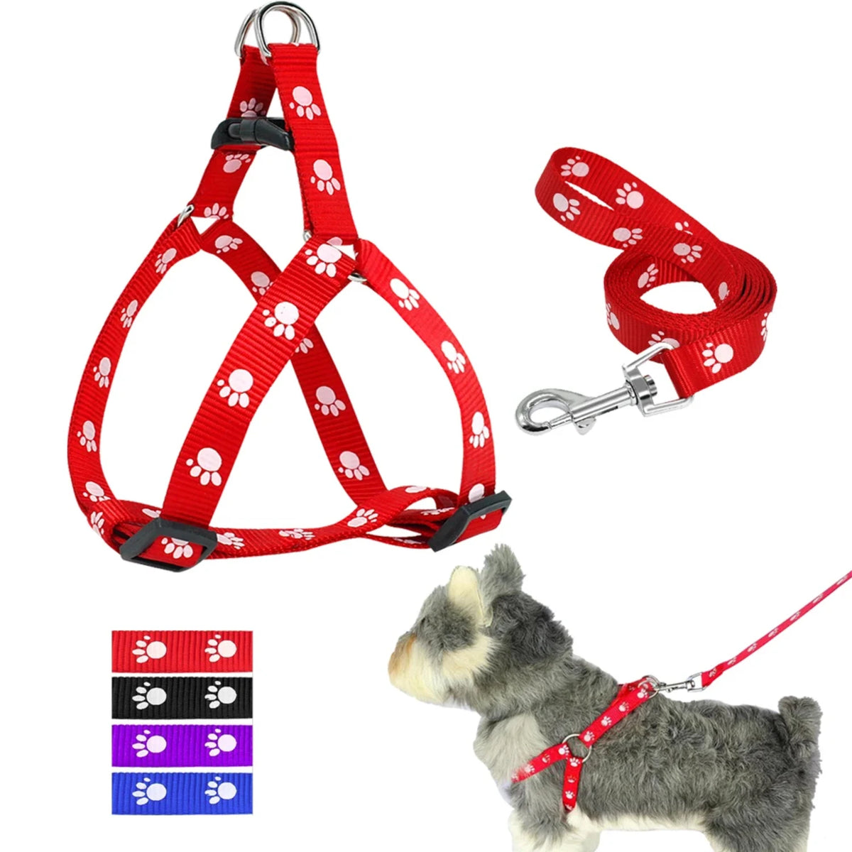 Adjustable Paw Print Nylon Dog Harness and Leash Set