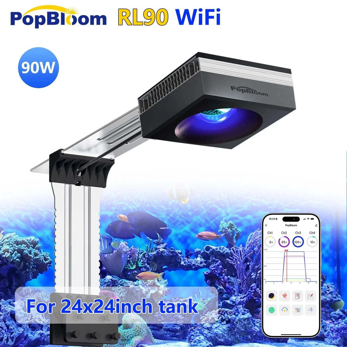 PopBloom WiFi Reef LED Aquarium Light for Marine Coral Tanks