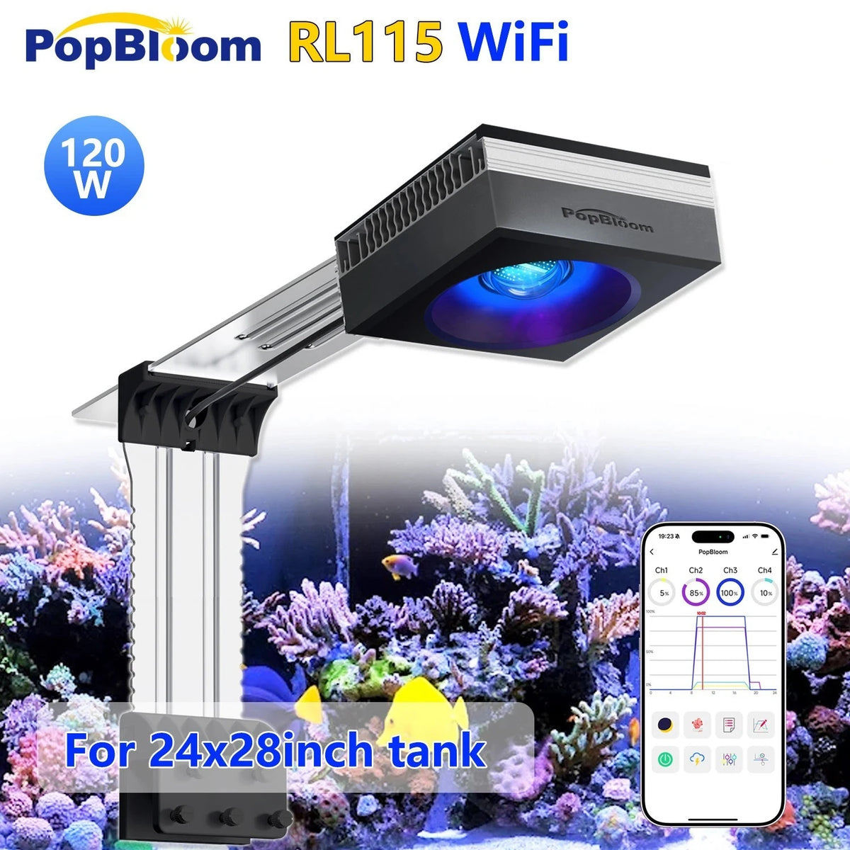 PopBloom WiFi Reef LED Aquarium Light for Marine Coral Tanks
