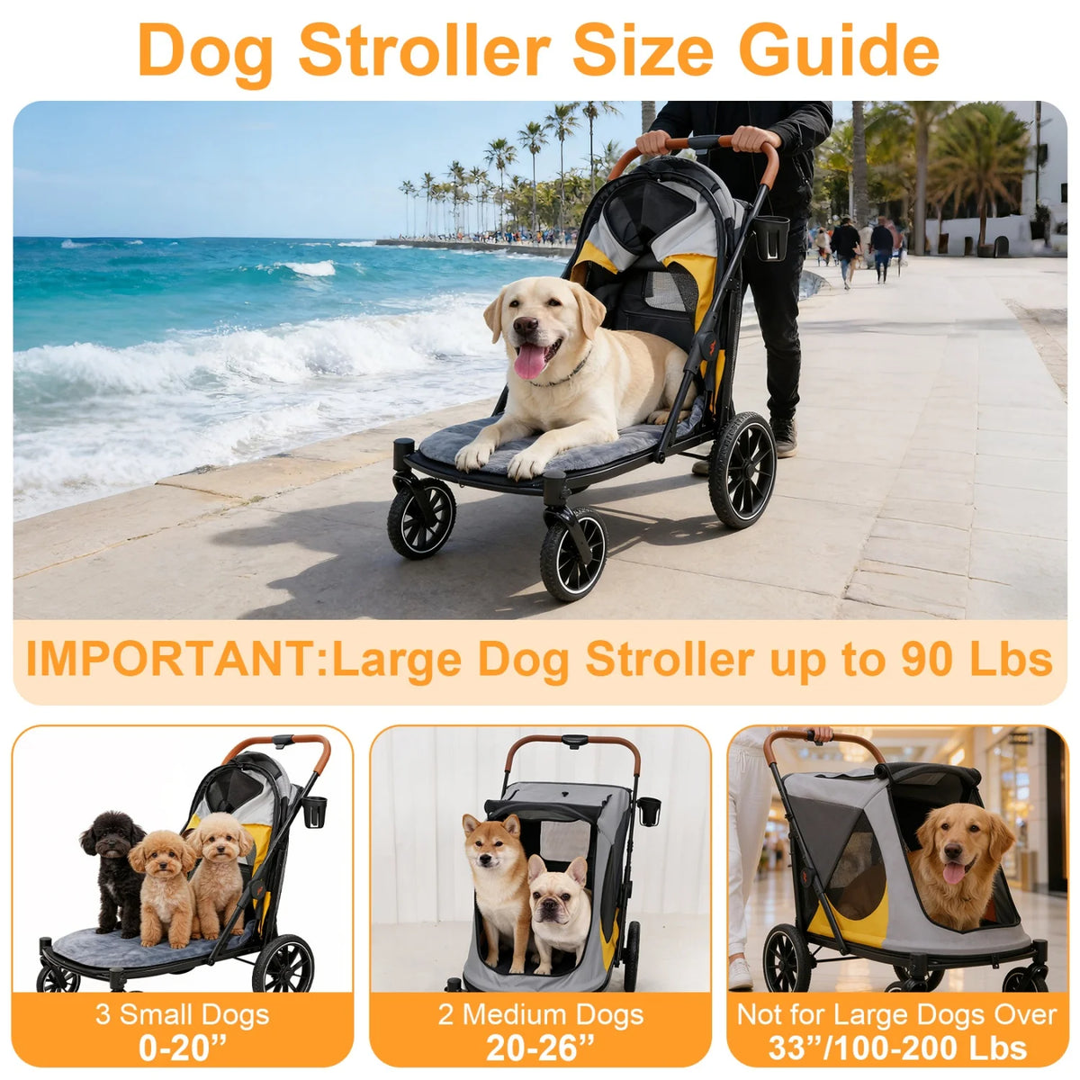 Four Wheel Folding Dog Stroller And Jogger Cart With Storage Pockets