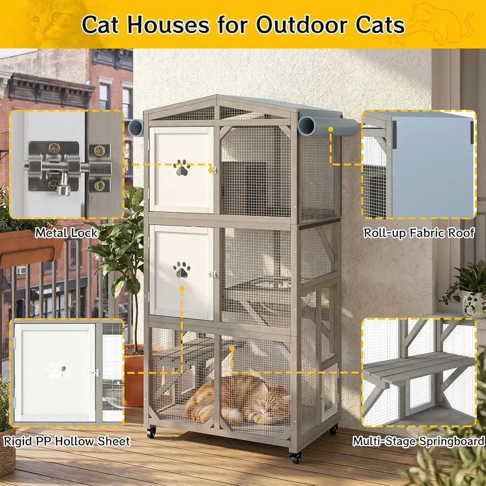 Outdoor Wooden Cat Enclosure with Acrylic Windows and Weatherproof Roof