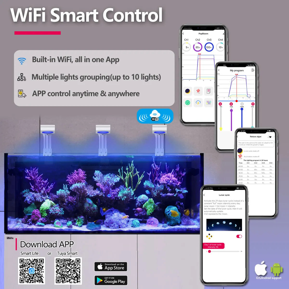 PopBloom WiFi Full Spectrum LED Light for Saltwater Reef Aquariums