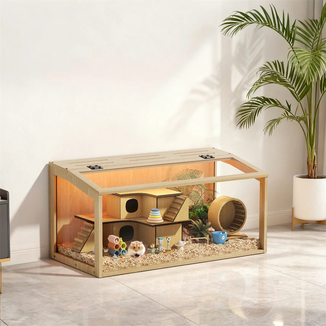 Wooden Hamster Cage with Glass Panels Ventilation and LED Lighting