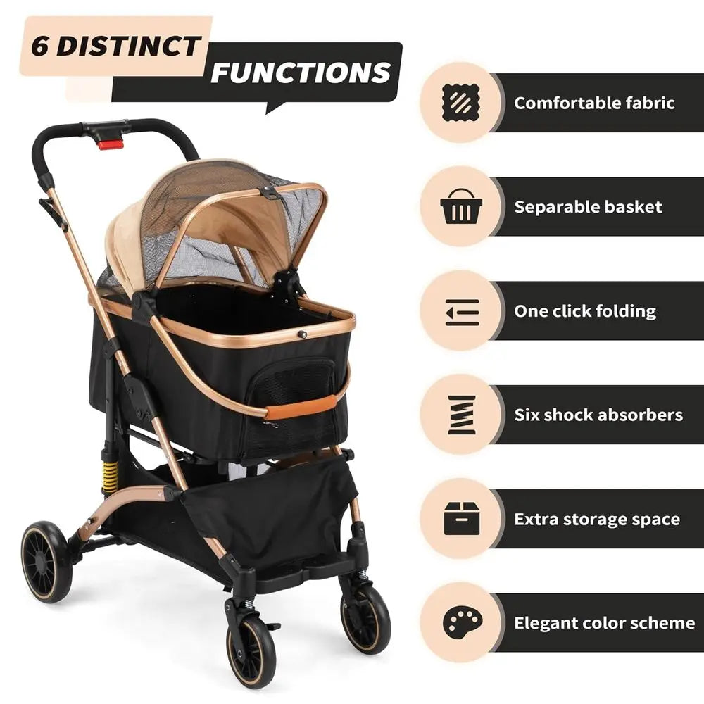 Pet Stroller With Shock Absorbers Removable Cabin And Dual Brakes