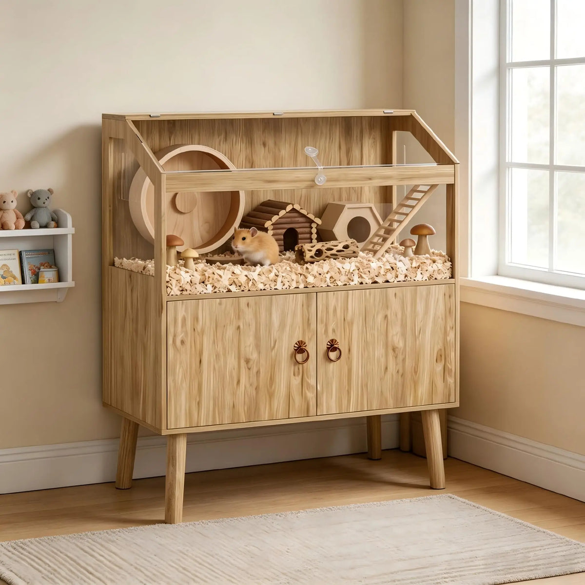 Spacious Wooden Hamster Cage With Storage Enclosure For Small Animals