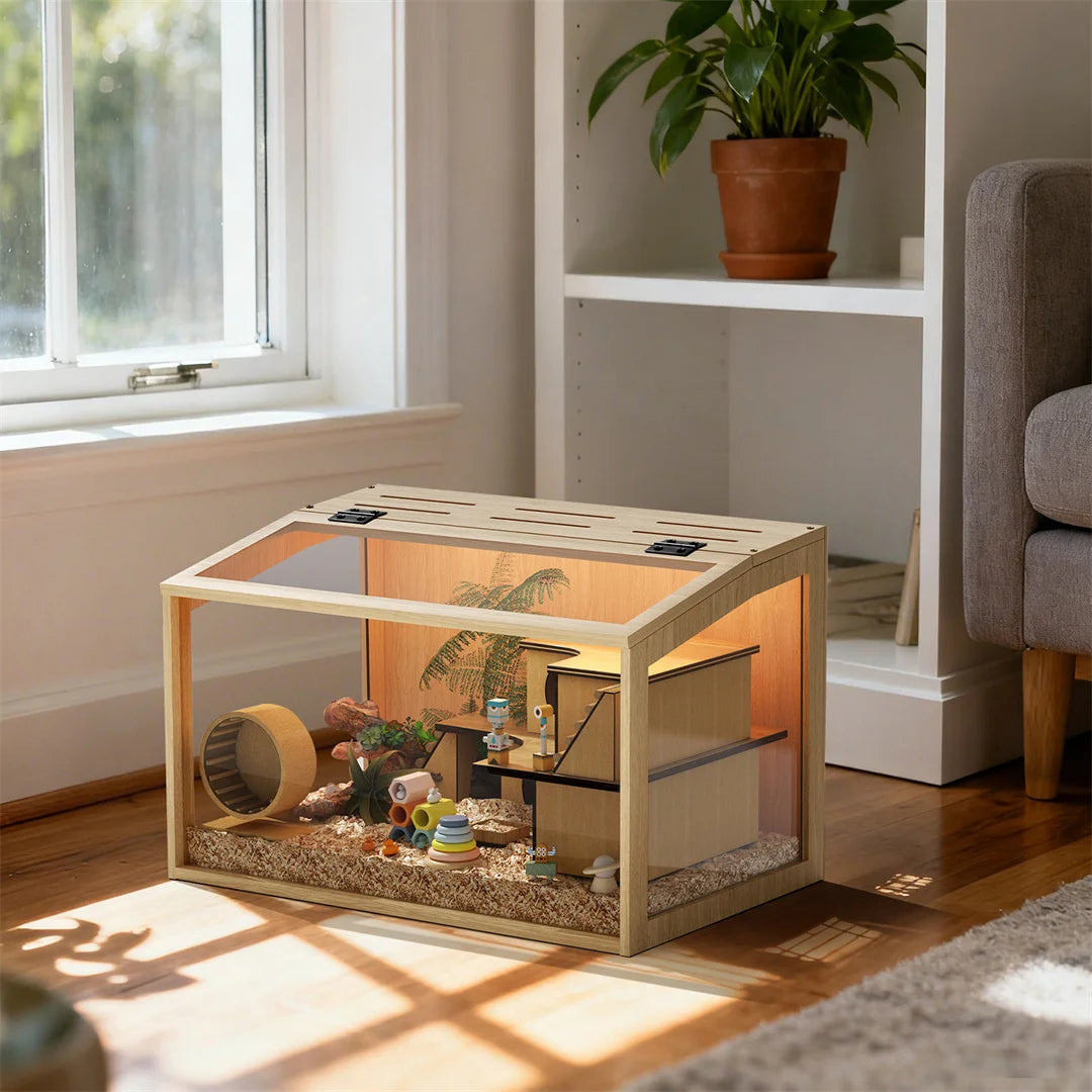 Wooden Hamster Cage with Glass Panels Ventilation and LED Lighting