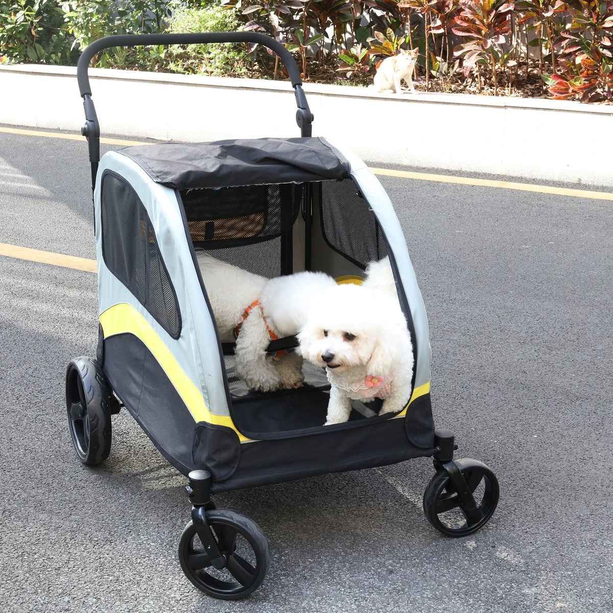 Folding Double Dog Stroller With Zipper Divider And Wheels