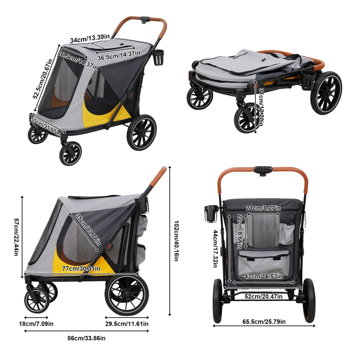 Four Wheel Folding Dog Stroller And Jogger Cart With Storage Pockets