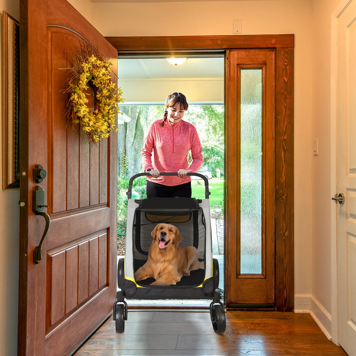Folding Double Dog Stroller With Zipper Divider And Wheels