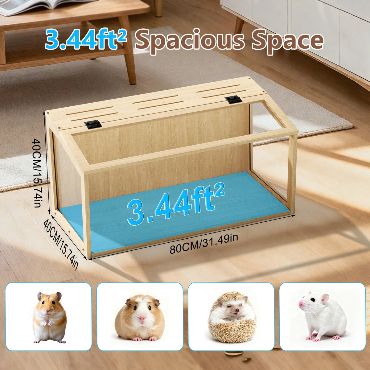 Wooden Hamster Cage Featuring Tempered Glass And LED Lighting